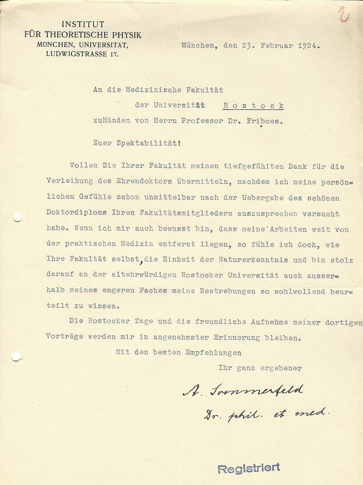 Antwortschreiben von Arnold Sommerfeld aus München (Digitalisat aus [2]).