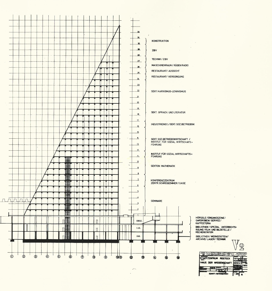 Planungsentwurf „Haus der Wissenschaften“ am Bussebart (1970) mit Sektion Mathematik in Etagen 8-10 (Quelle: UAR [3]).