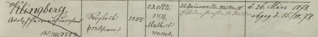 Eintrag von Adolf Klingberg in der Studentenliste der Universität Leipzig vom 23.10.1876 (Quelle: UA Leipzig, UAL_Rep_B_057_Klingberg).