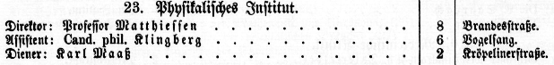 Das aus drei Personen bestehende Personal des Physikalischen Instituts im WS 1880/91, wobei die beiden rechten Spalten die Anschrift (Hausnummer, Straße) verzeichnen. Aus: http://rosdok.uni-rostock.de/data/Preview-PuV/PDF/1880_WS_PV.pdf