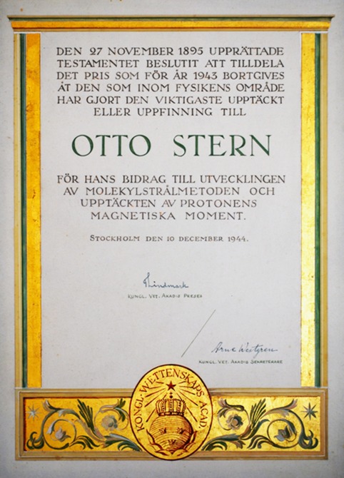 Otto Sterns Nobelurkunde (Foto: [2], S. 155).