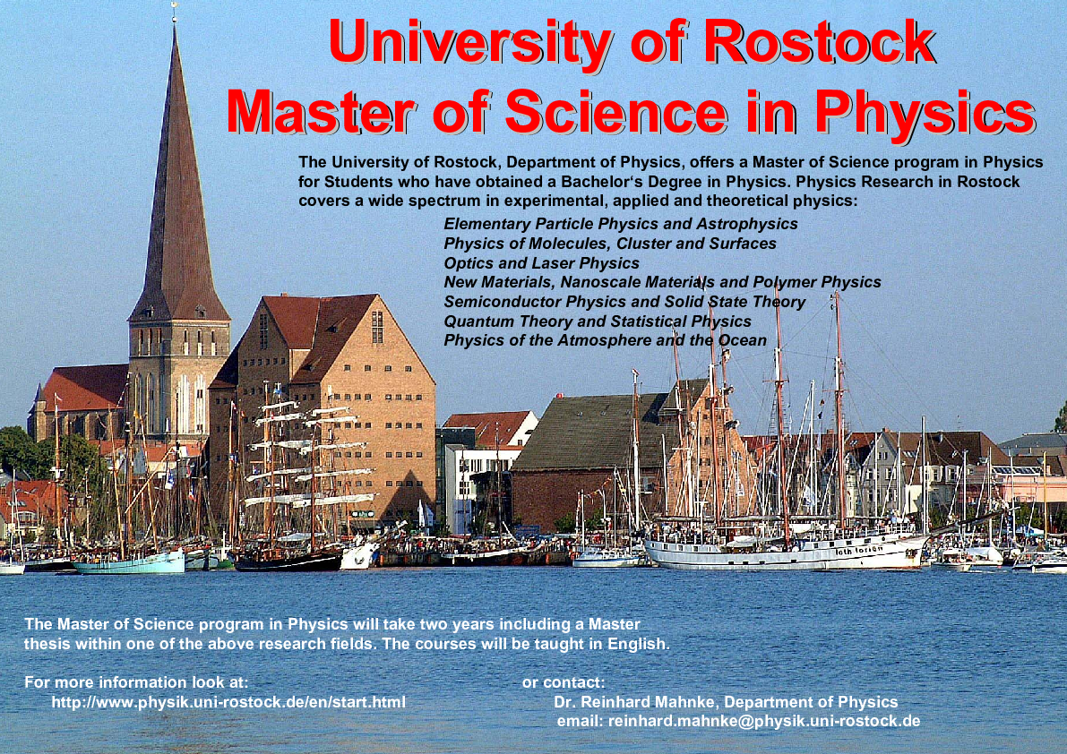 Ein Werbeposter für den Studiengang M. Sc. in Physics, entworfen in der Arbeitsgruppe für Elementarteilchenphysik unter der Leitung von Prof. Henning Schröder (1945 – 2010).