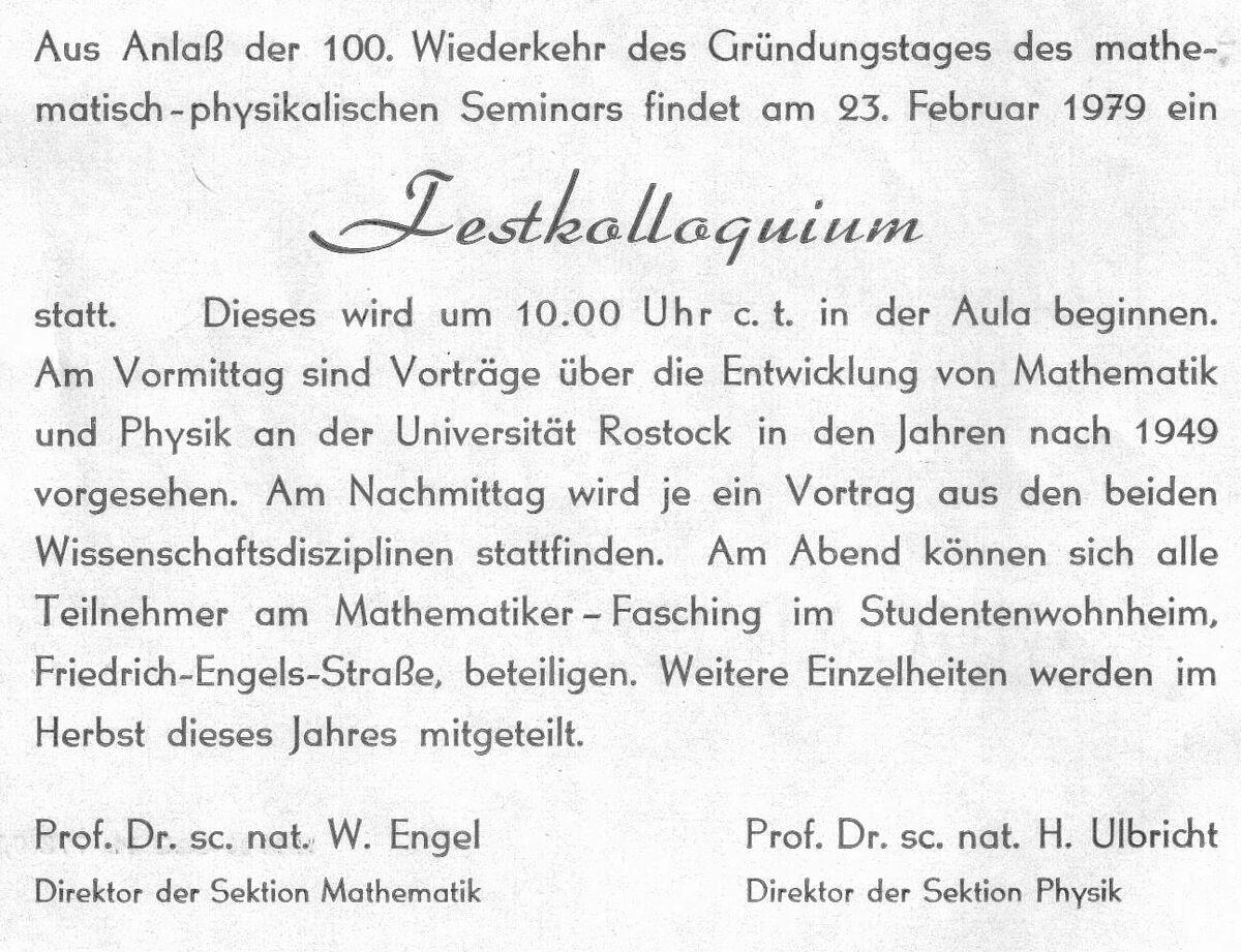 Einladung zur langfristig geplanten 100-Jahr-Feier des Mathematisch-Physikalischen Seminars am 23.02.1979