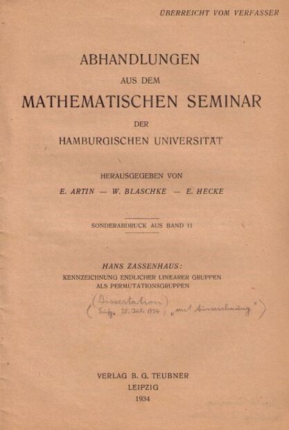 Titelblatt der Dissertation aus dem Jahr 1934, die maßgeblich die Entwicklung der Gruppentheorie beeinflusste, hier als Sonderdruck (Quelle: Wikipedia, gemeinfrei).