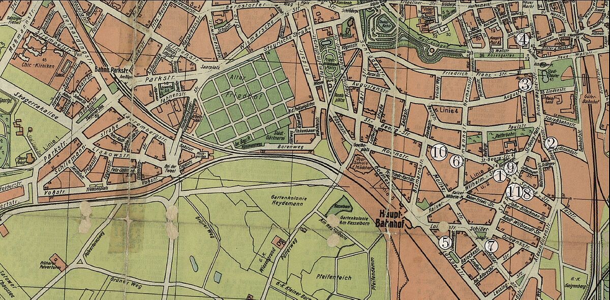 Ausschnitt eines Stadtplans von 1939 aus dem Geoportal der Hanse- und Universitätsstadt Rostock, https://www.geoport-hro.de/desktop